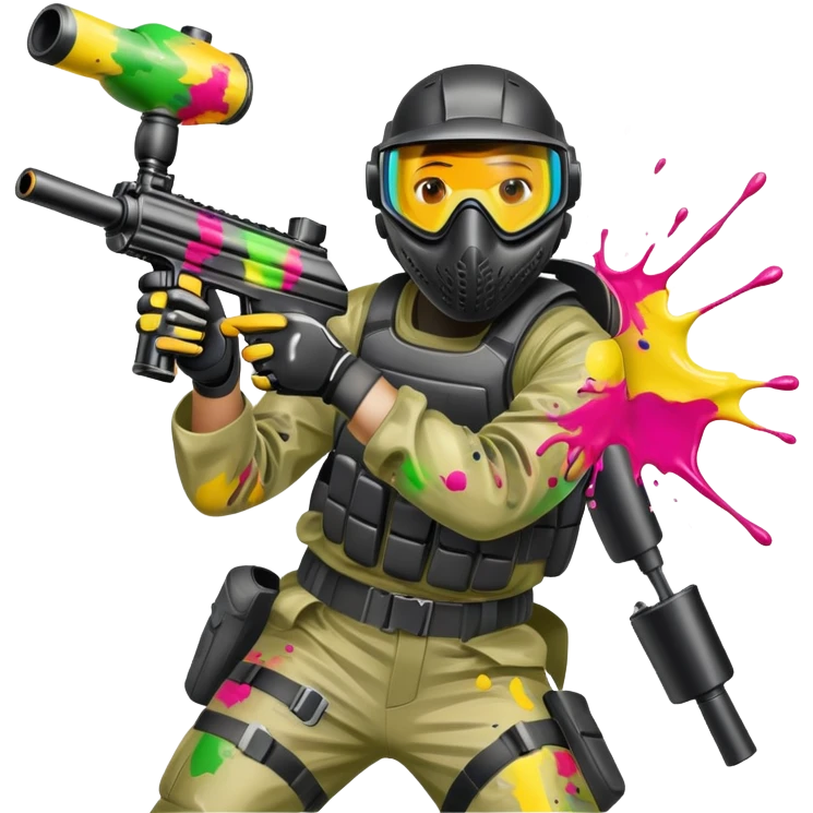 A paintball player in full gear, aiming a paintball gun with focus and determination. The scene includes vibrant splashes of paint and a dynamic battlefield setting, emphasizing action, strategy, and teamwork in a competitive environment emoji