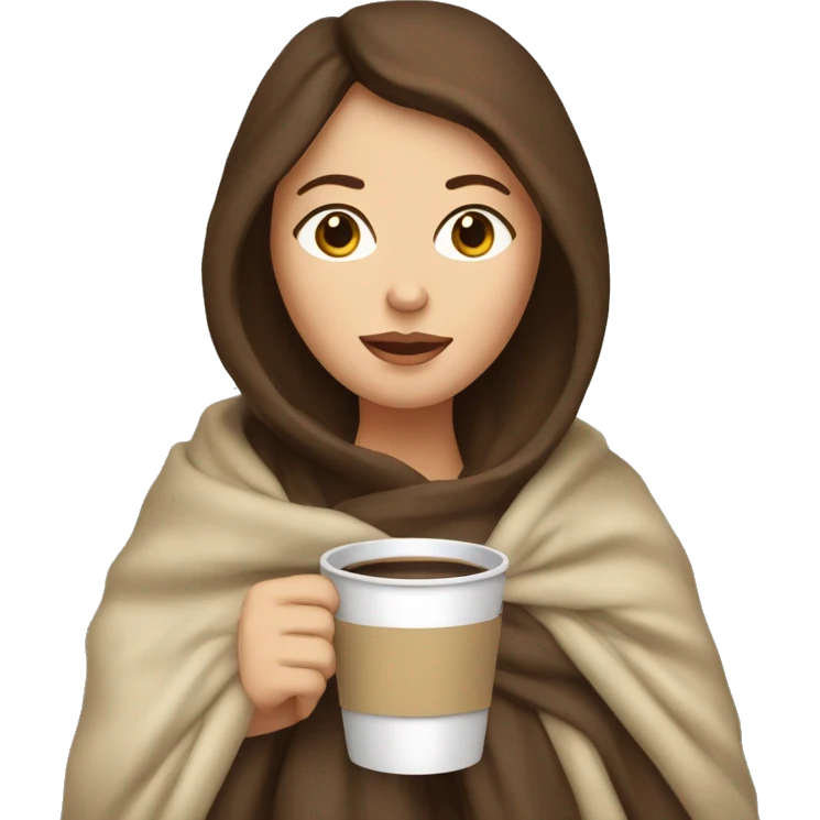 White Woman with brunette hair snuggled in a blanket with a coffee emoji