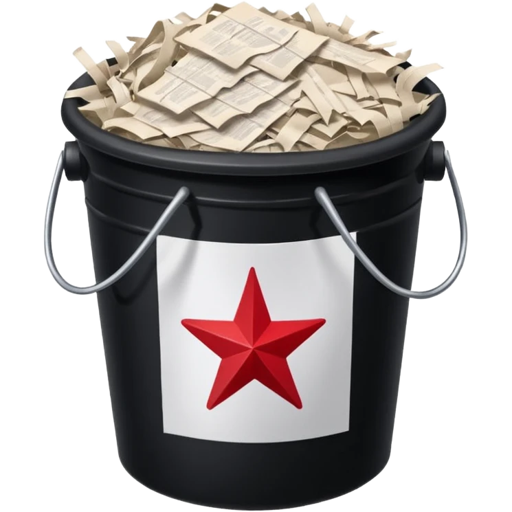 black bucket no handle, shredded paper inside, red texas on front emoji