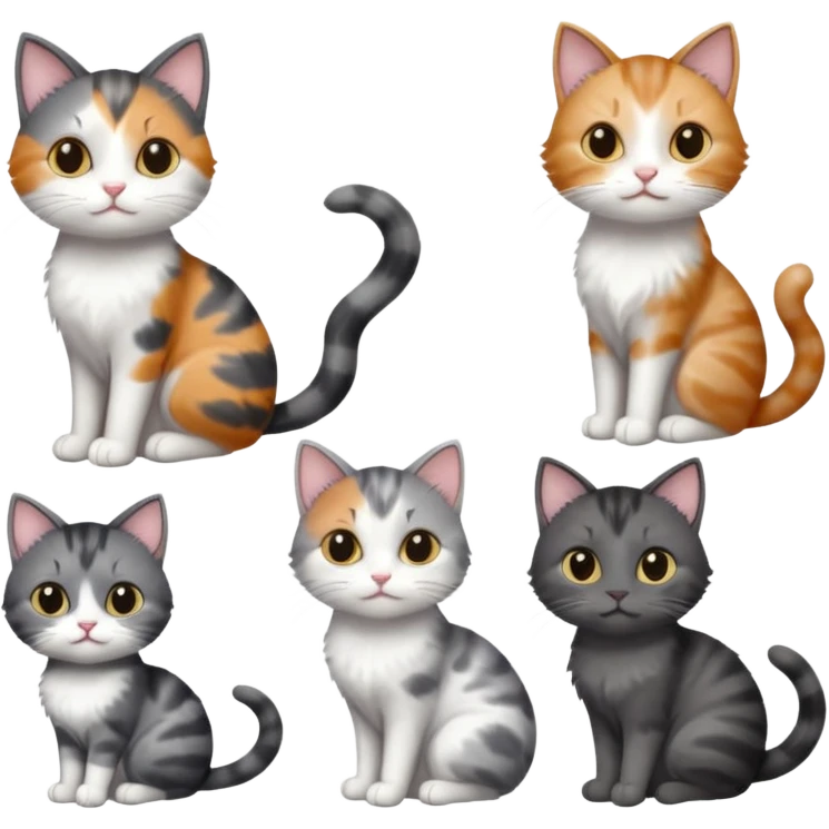 3 different coloured small cats including a dark grey and white, and a patchy calico and a completely solid dark grey with only white paws emoji