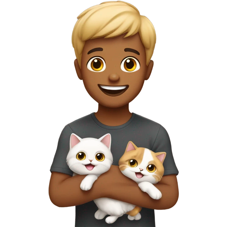 happy boy with two calico persian cats on his hands emoji