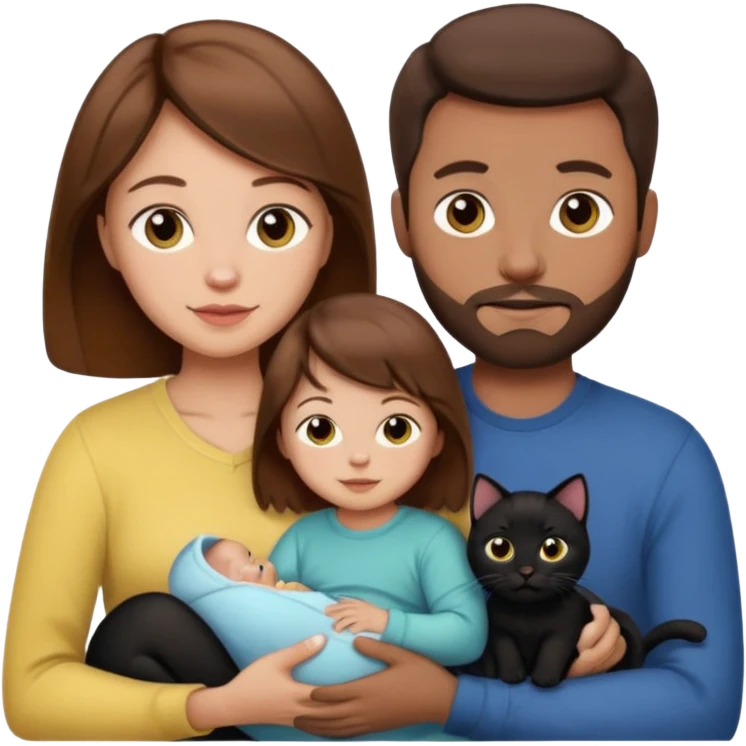 1 mom brown hair, 1 dad no beard, 1 baby and 1 black cat emoji