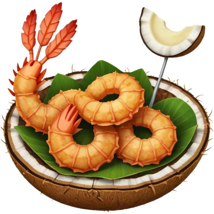 coconut shrimp, shrimp with coconut shell garnish, simple apple emoji style emoji