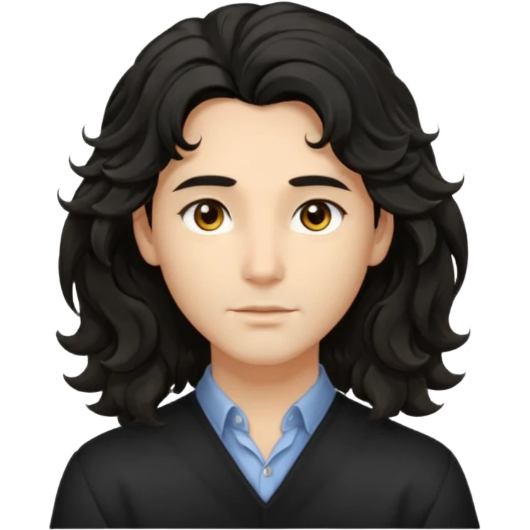his avatar has shoulder-length black wavy hair with loose curls framing the face, and a long, pointed face with golden-brown eyes and a calm, neutral expression. emoji
