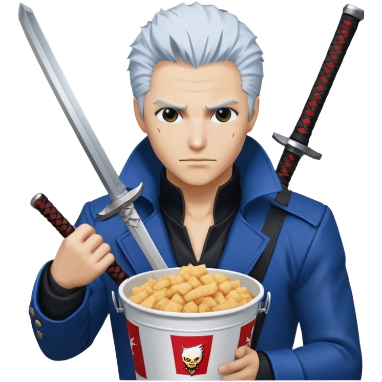 Vergil from Devil May Cry sitting in a KFC bucket, blue coat, white hair, katana emoji