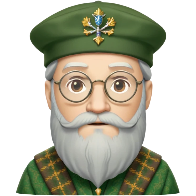 Dumbledore wear green scotland Tam o'shanter cap with decorative patterns, wear glasses, very long beard emoji