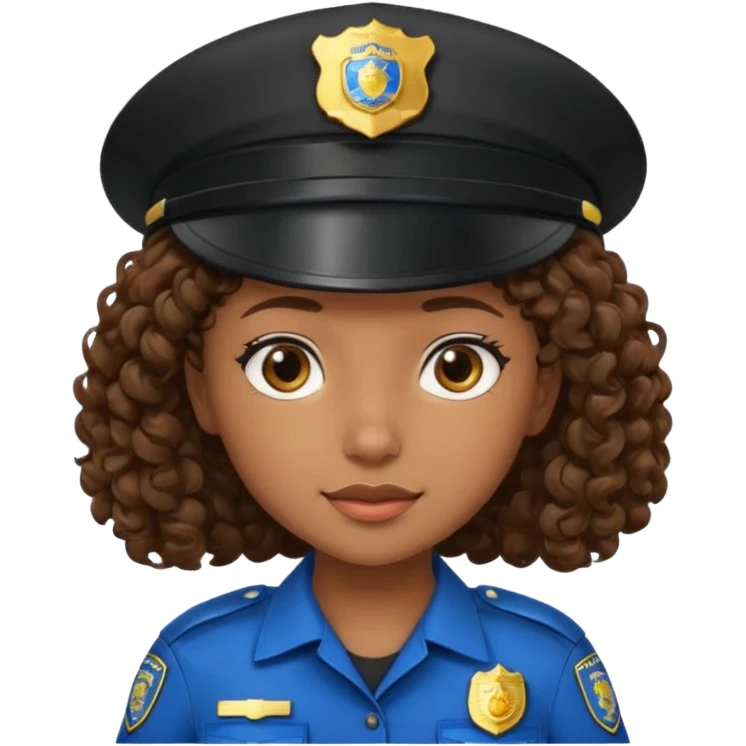 a cartoon-style avatar of a girl police officer with curly brown hair, wearing a black cap emoji