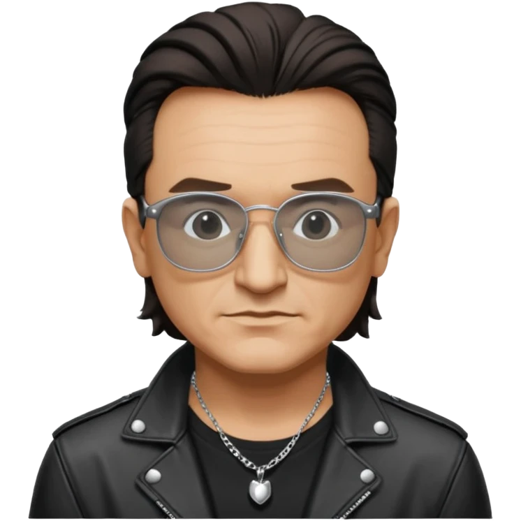 Bono with black glasses, shirt with silver necklace, black leather jacket  emoji