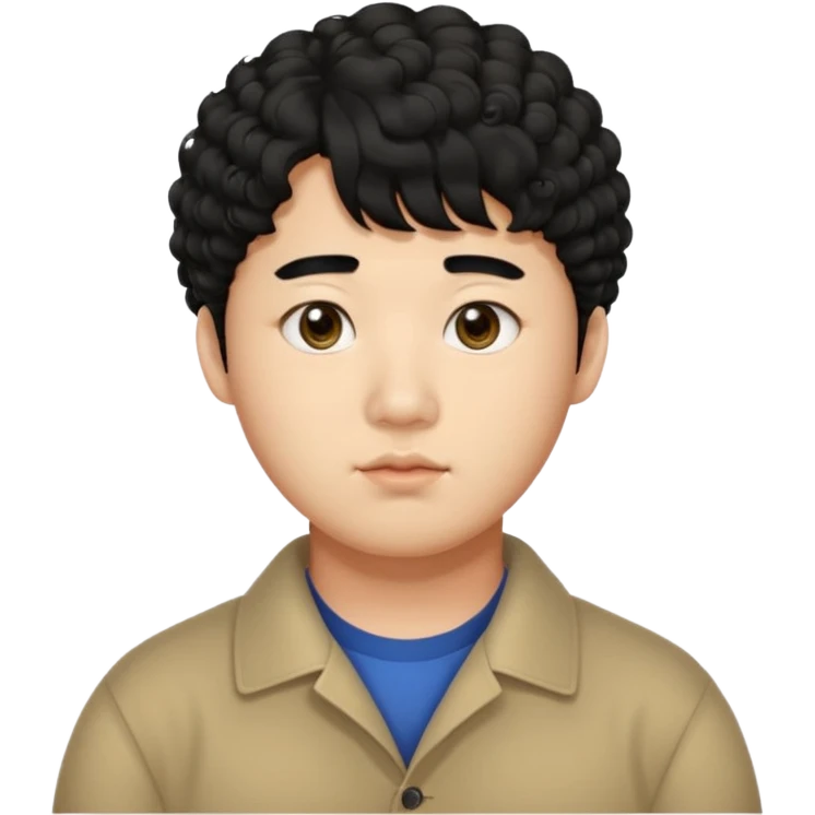 a Korean man in 20s with a curly hair and bangs, chubby cheeks, big monolid eyes , dark eyebrow, emoji