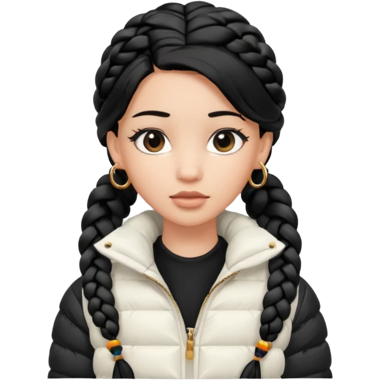 generate a pretty bratz girl with a WHITE puffer jacket, hoops, long braided hair black emoji