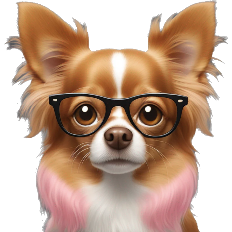 red longhaired chihuahua with a white spot on his forehead and a pink nose in black glasses emoji