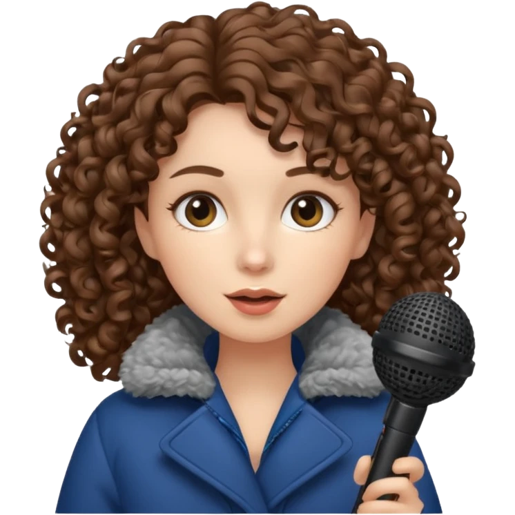 curly haired woman with winter clothes holding microphone emoji
