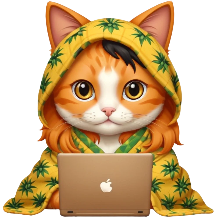 An orange female cat with a computer, with long eyelashes and black wavy hair,
She wears a blanket with pineapple patterns on her body emoji