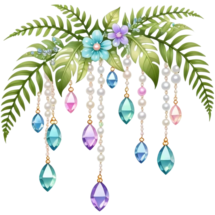 Exotic romantic pretty pastel Few cute tiny Iridescent glistening glossy sparkly shiny glittery hanging crystals pearls and beads and gemstones scenery scenic decorations with vines and ferns and flowers emoji