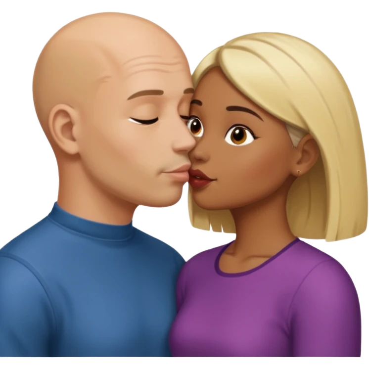 Bald man kissing brown  girl with bob blond hair emoji