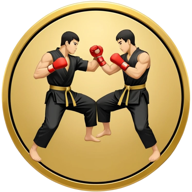 Round emblem symbolizing striking martial arts. The emblem features two fighters in dynamic stances, one delivering a powerful punch while the other defends with a block. In the center, a stylized fist and foot crossed to represent the essence of striking.  emoji