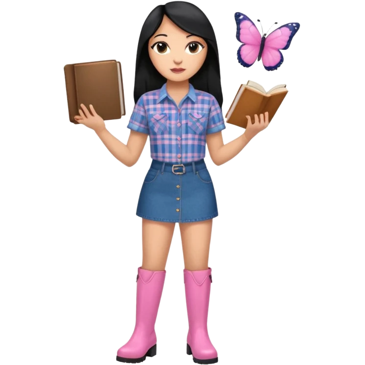 A plus-size light-skinned Black woman is wearing makeup. She has long, straight, waist-length black hair and is wearing a short-sleeved flannel shirt with a pink butterfly print, a denim miniskirt, and pink boots. She is standing and holding a book with her forearm raised. emoji