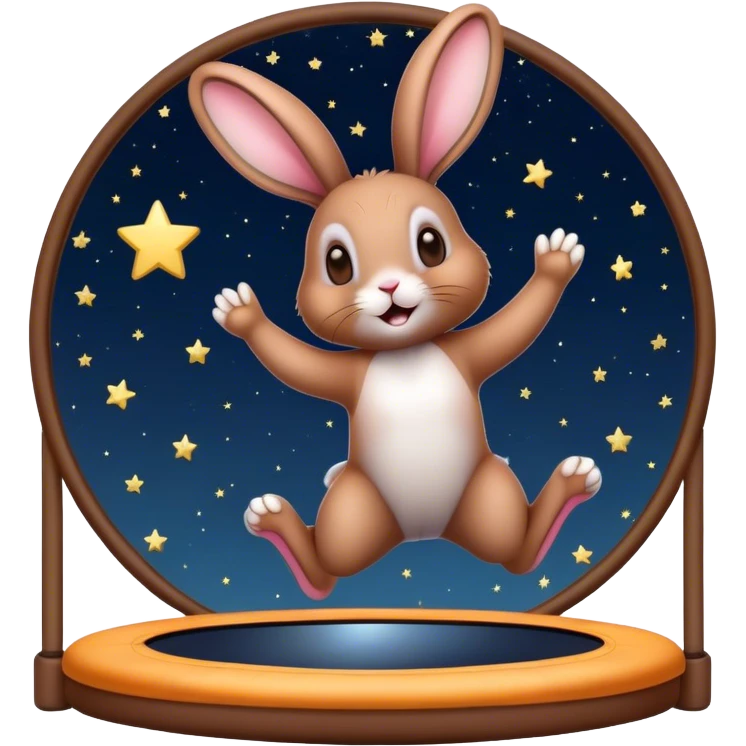 rabbit jumping on trampoline with starry sky and mirror emoji