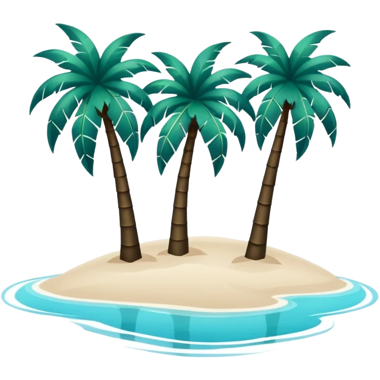 group of dark green palm trees on white sand, azure water on the edges of the sand, minimalism, iOS emoji style, no background, no smileys or faces emoji