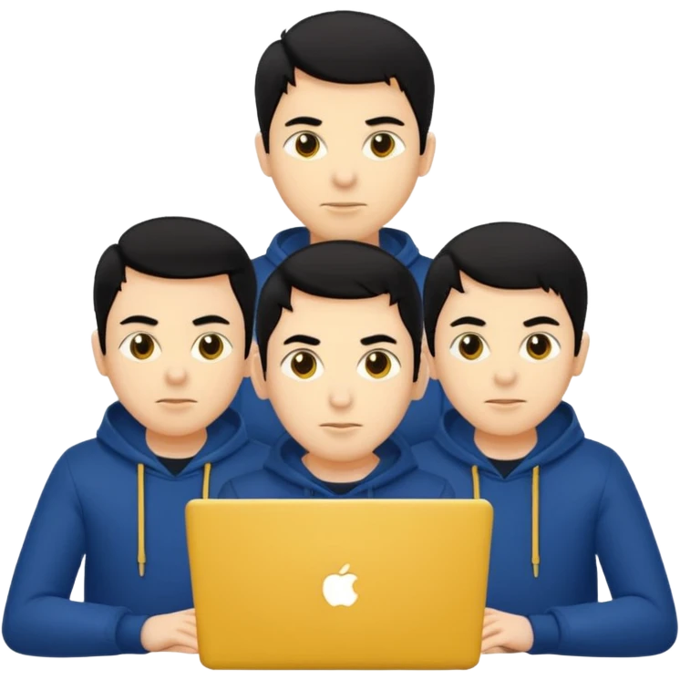technologist using laptop coding with 2 other technologist three of it is man skin color yellow that using 3 laptop the hair is black and the cloth is dark blue emoji