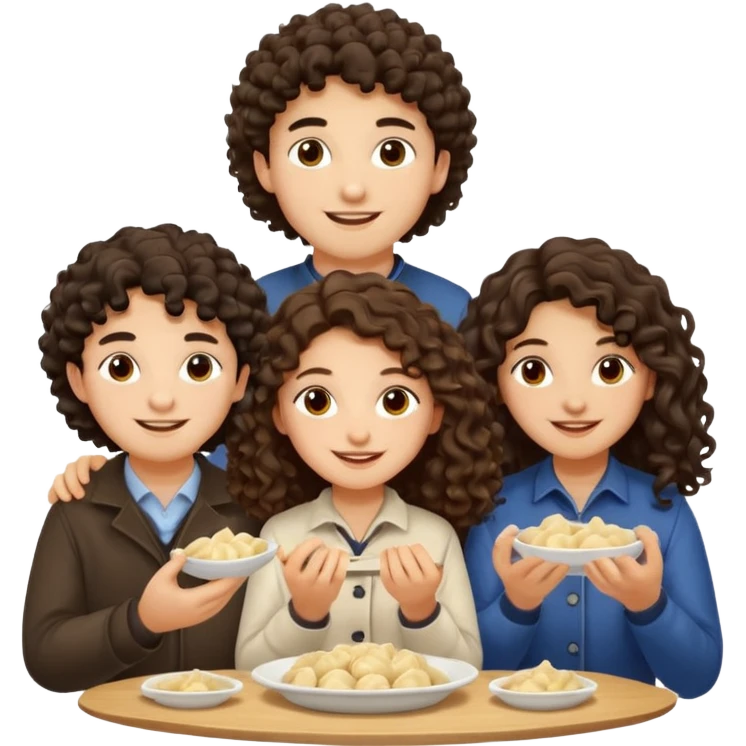 Can you create an emoji of three 23 year olds eating dumplings. One boy with wavy curly hair and one Jewish girl with long dark brown curly hair and one half Indian / half white girl with mid length dark brown hair. All brown eyes emoji