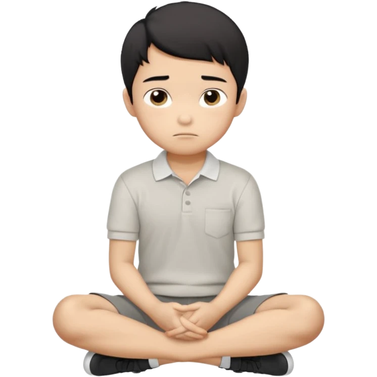 Cartoon Asian boy sitting cross-legged, clearly resting his closed fist against his cheek, looking thoughtful with a slight smirk. White polo, gray pants, black shoes, large eyes, short black hair. Clean vector style, flat colors, black background. emoji