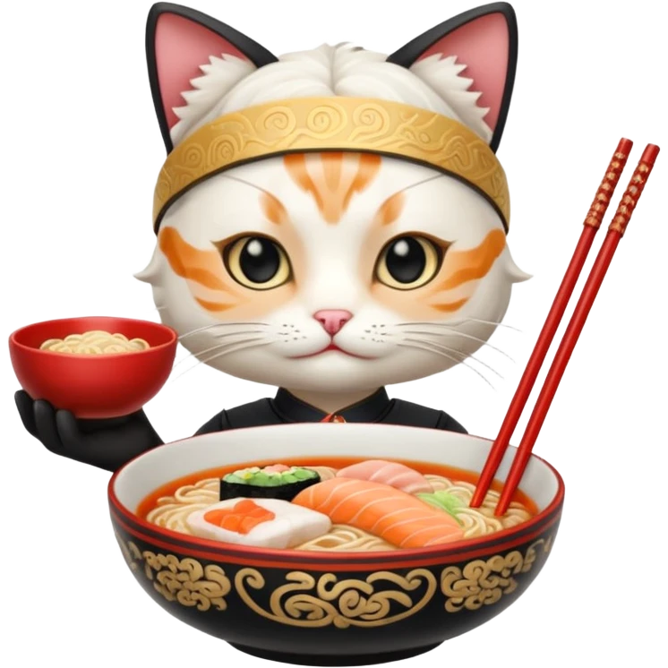 Maine coincide cat orante anda White, With a ramen, anda a clip With sushi form on the head emoji