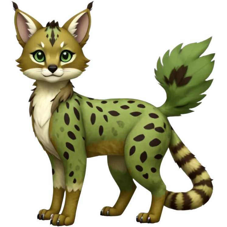 Cute kawaii cool edgy badass  sage-green and moss-brown camouflage-speckled matte fur fantasy-caracal-civet-genet-sergal-vernid-Gryphon-Cacomistle-Trico-oncilla-animal-Fakémon-hybrid-fursona (full body), facial markings, (realism style) emoji