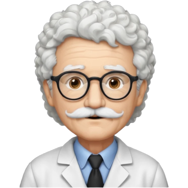An elderly scientist emoji fluffy curly white hair, brown eyes behind black-framed glasses, a narrow pointed face, and a thin straight white mustache above his mouth. emoji