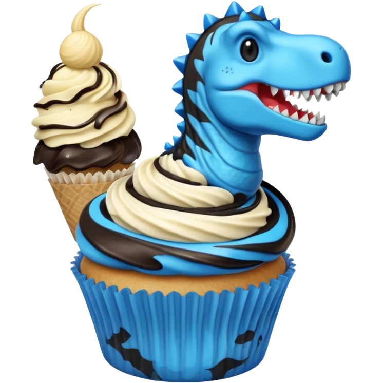 A cupcake having blue and black icing and a dinosaur as a decoration and ice cream next to it emoji