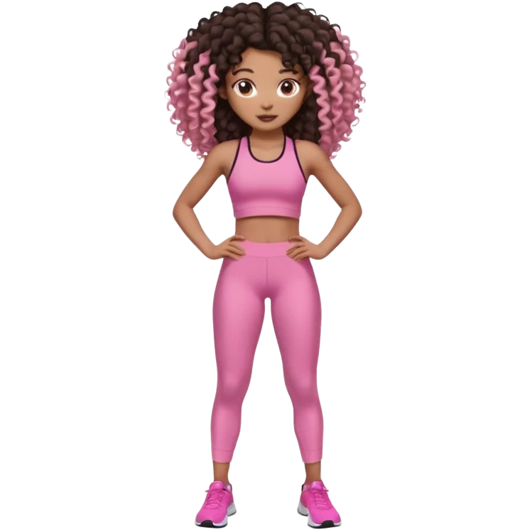 Uma menina negra da pele clara magra definida com roupa de academia rosa, com cabelo cacheados  todo castanho escuro bem grande até a bunda sem muito volume no cabelo emoji