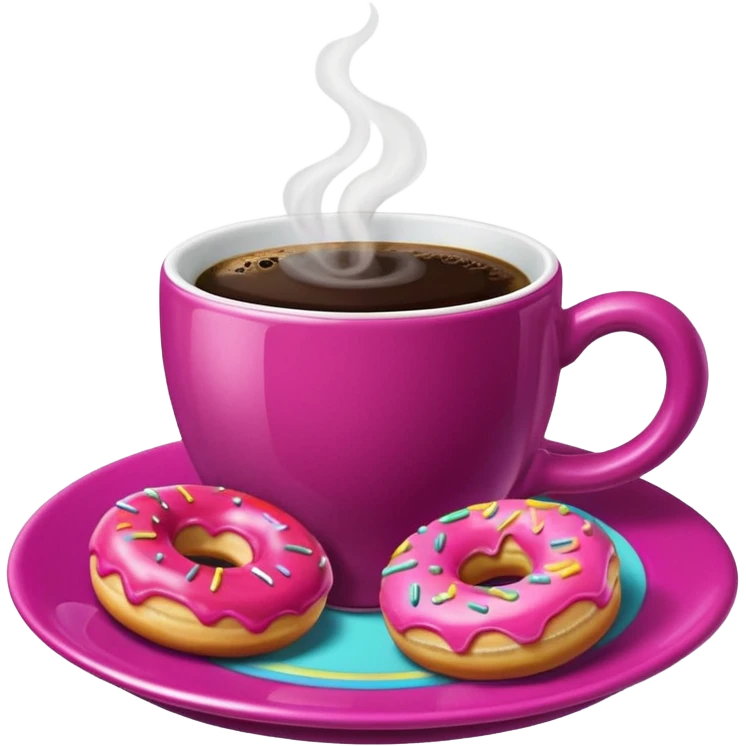 A steaming cup of coffee, magenta with a yellow butterfly print, sits on a magenta saucer with colorful donuts. emoji