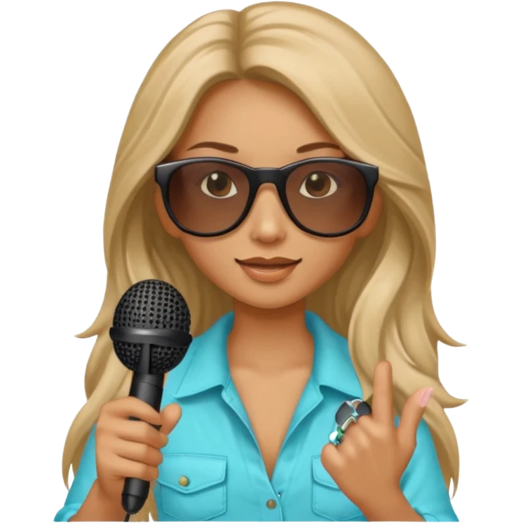 long haired woman with summer clothes and sun glasses holding microphone emoji