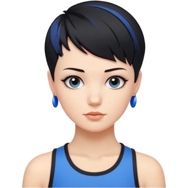 frau freche extreme schwarze Kurzhaarfrisur eine Seite wirklich fast keine Haare andere Seite mit blauer Strähne kurze Seite noch viel kürzer emoji
