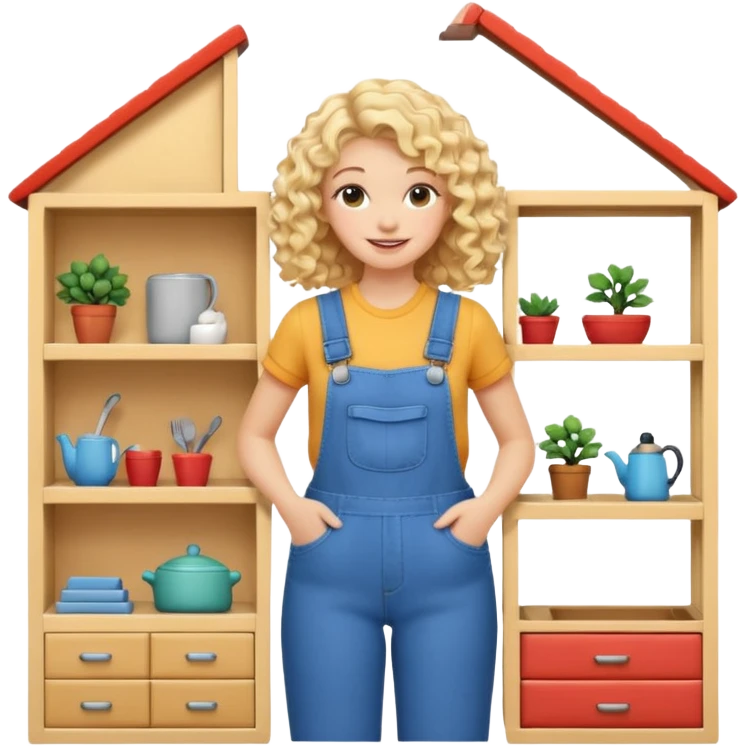 smiling blonde curly woman arranging furniture in doll house with overalls emoji