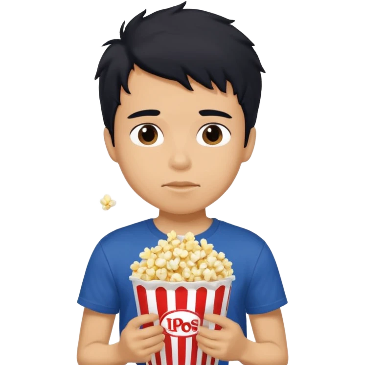 generate a pretty tan bratz boy with a dark blue tshirt on. eating popcorn. messy black hair emoji