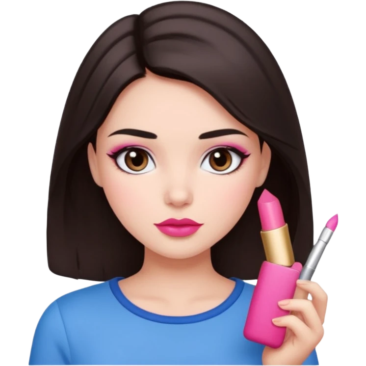 Dark brown haired girl with black eyes and lips between the shades of pink and red. A cute and clean makeup along with a blue top  emoji