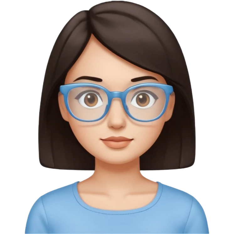 mujer de 30 años, cabello marron oscuro, anteojos cuadrados BLANCOS, top celeste escote cuadrado, piel blanca, cara redonda emoji