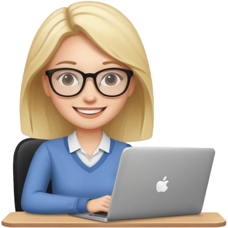 Девушка сидит на работе с ноутбуком. Она улыбается  emoji