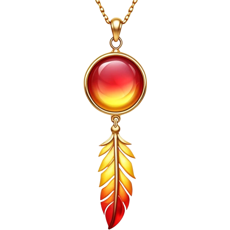 glowing ruby pendant shaped like a phoenix feather, red-yellow gradient, chain suspended midair with rebirth aura emoji