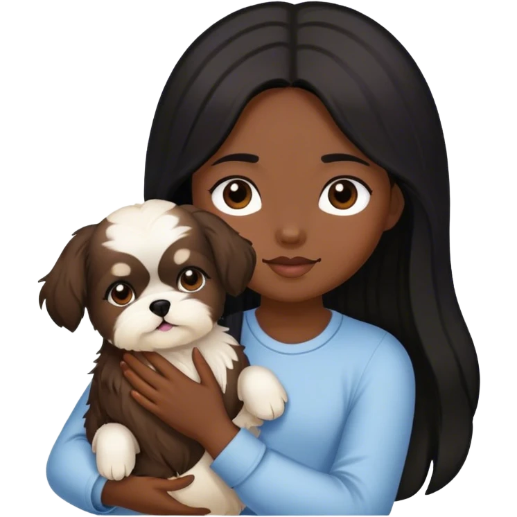 A girl with black long hair and dark brown with , holding her shitzu dog creamy color emoji