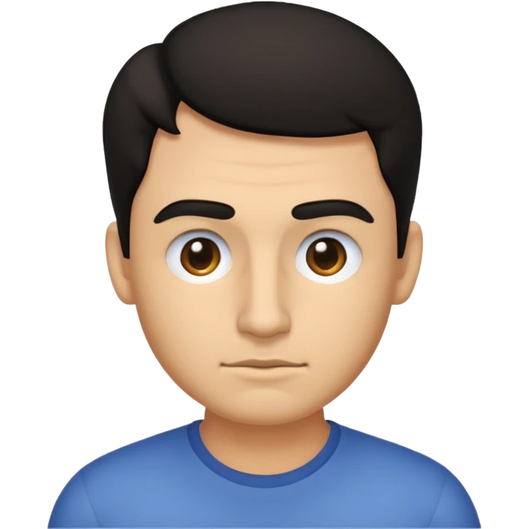 emoji a medio cuerpo hasta la cintura, hombros anchos, de un hombre, con cejas gruesas inclinadas hacia abajo, nariz medio grande, hombros anchos, sin sonrisa, hombros anchos, cabello ondulado con un corte adolecente, cabello negro. ojos negros. emoji
