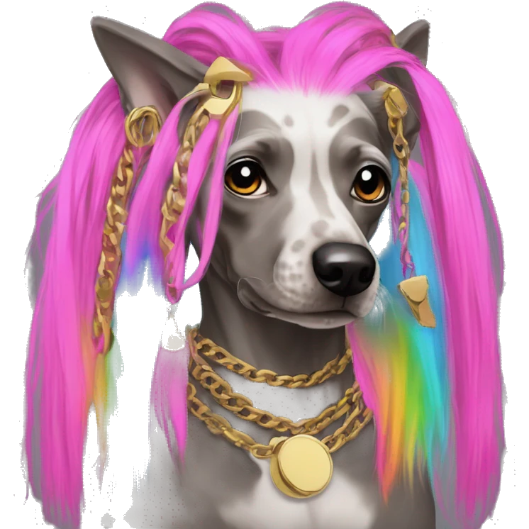 Punk Chinese crested dog neon rainbow hair gold chain punk piercings tattoos punk ear piercings emoji