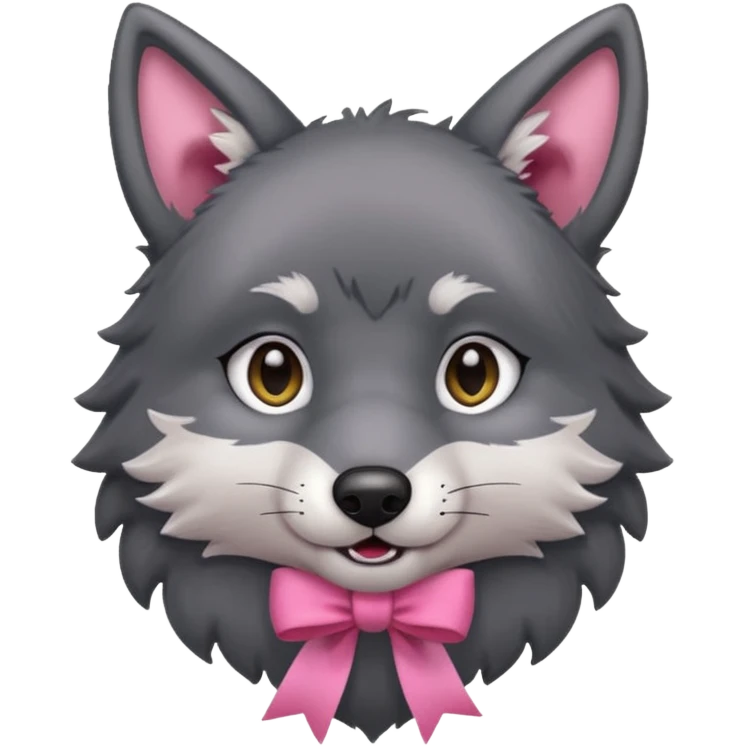 Pleading Face cute dark grey wolf with a pink ribbon io his ear emoji