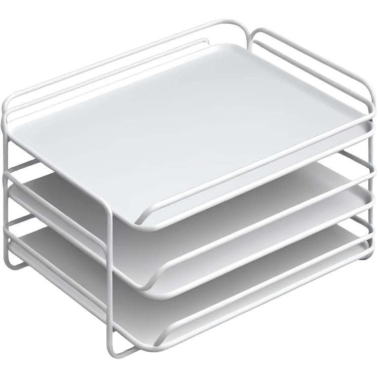 A minimal, clean emoji-style illustration of a white metal desk paper organizer tray, shown in slight isometric view so its structure is readable at a small scale. The organizer is rectangular with rounded corners, made of thin white metal wires, forming two to three stacked horizontal slots.
 emoji