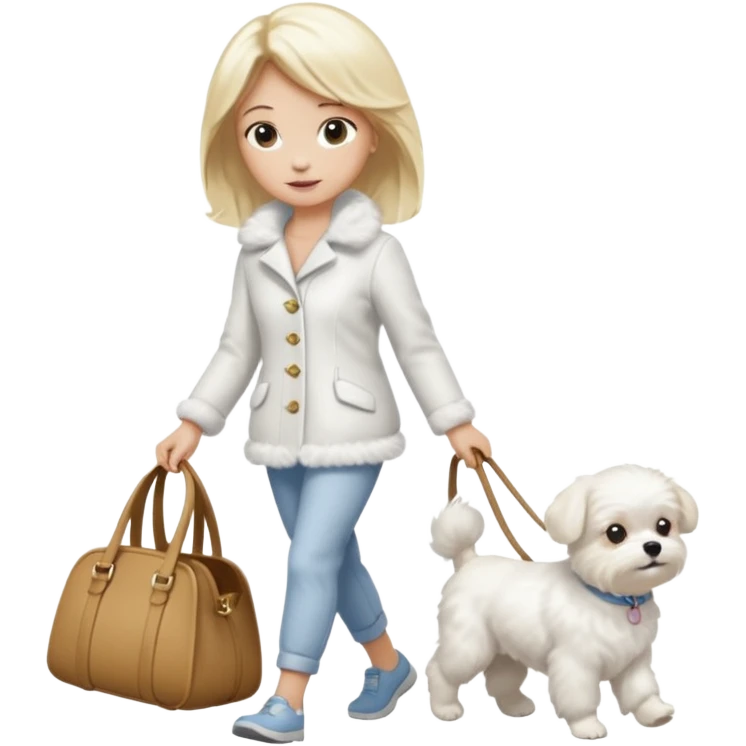 blonde woman wearing white, walking a small maltese dog. emoji