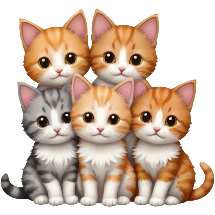 6 tiny kittens cuddling together all different colours, the first one is grey and white, the second is ginger and white and the third is brown tabby and white emoji