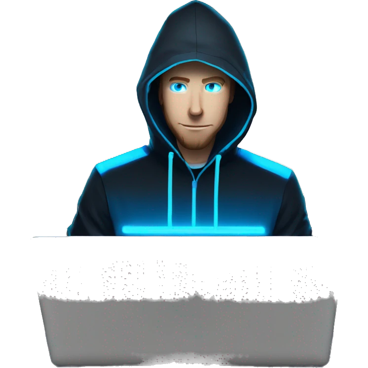Man developer behind his laptop with this style : Alan Walker Singer neon glowing bright blue character blue black hooded hacker themed character emoji