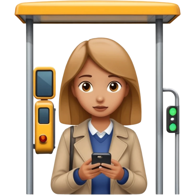 girl looking at a phone at a bus stop emoji