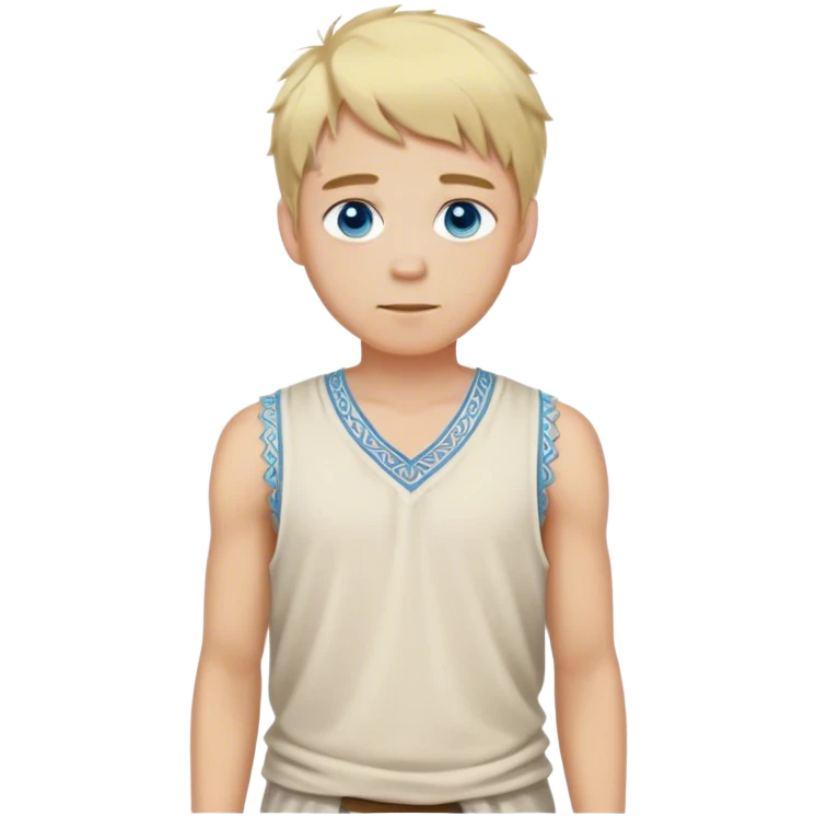 medieval summer outfit worn by a DnD themed fantasy character. basic lightweight sleeveless tunic with a decorative trim along the edges. clothes only above the waist. The clothes full waist. The character's haven't arms. character is blonde hair, blue eyes, short messy hair, white-skinned man. emoji
